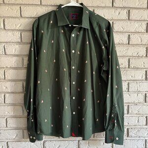 UNTUCKit Bulldog All Over Print Button Up Long Sleeve Green Christmas Medi